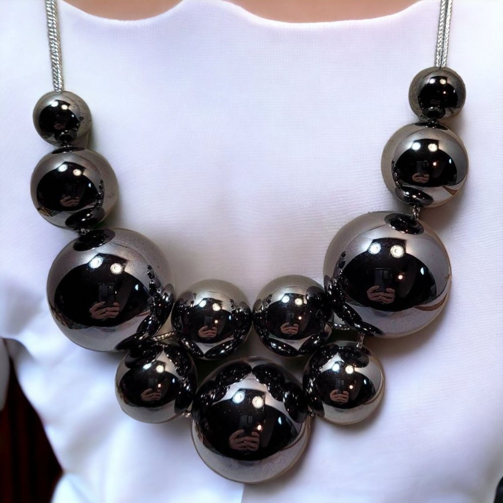 Shiny Gun Metal Black Chunky Bead Bib Fashion Necklace Signed